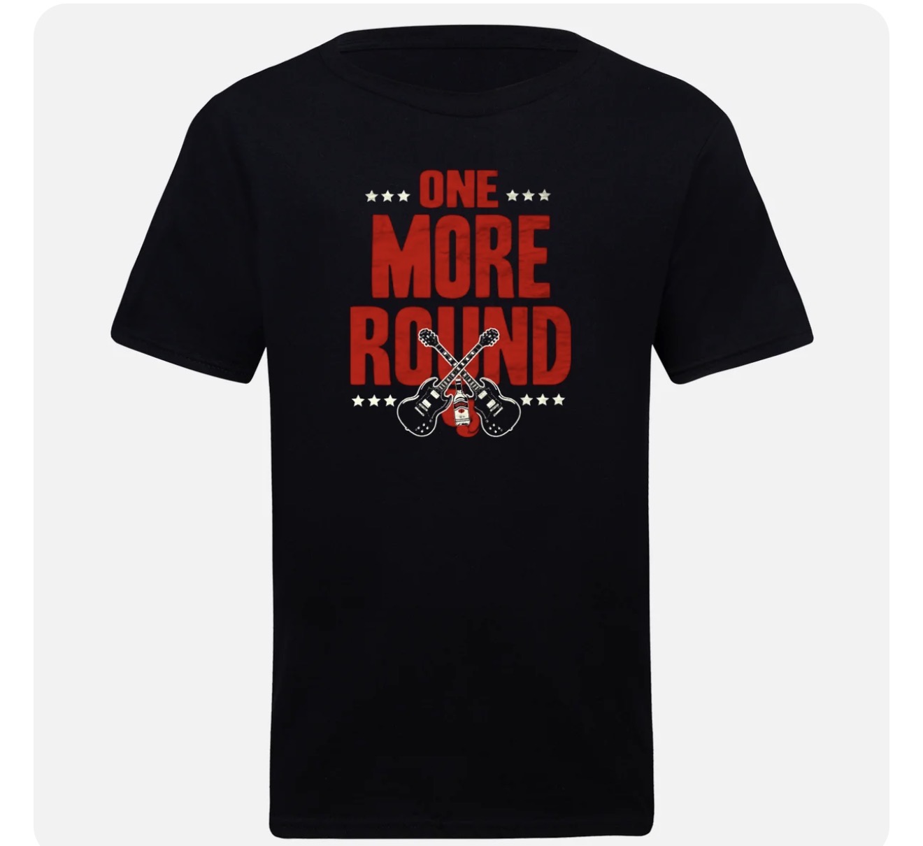 Black One More Round T-shirt with red and white band graphic